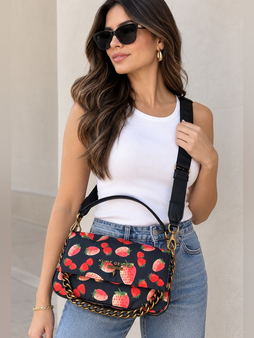 Kurt Geiger London Navy Strawberry Print Shoulder Crossbody Bag – Gold Chain